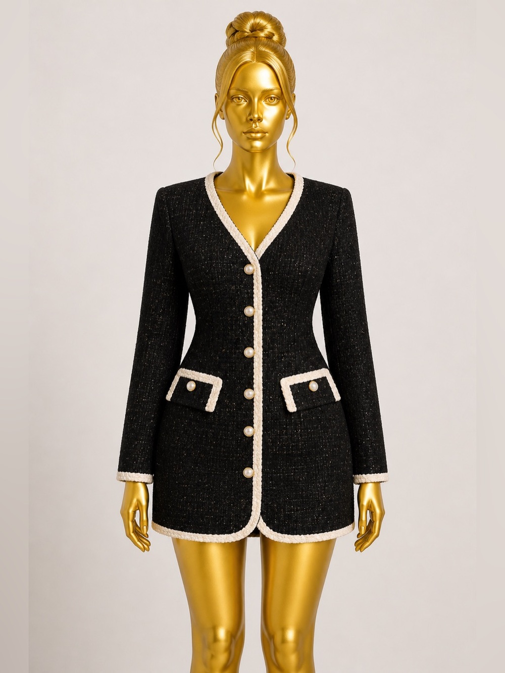 Fashion Nova Black Tweed Dress Blazer with Cream Trim